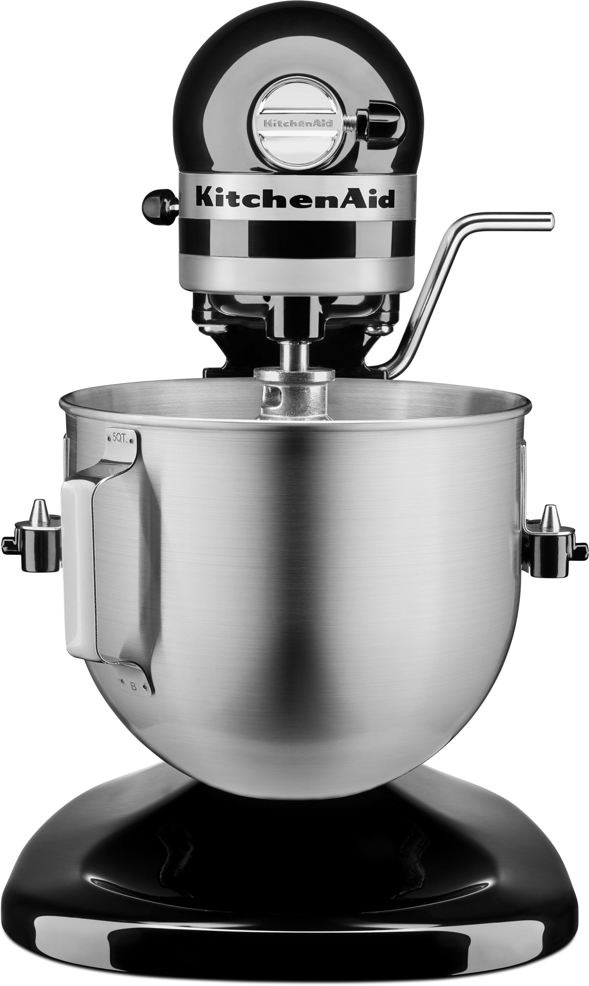 KitchenAid Küchenmaschine, schwarz und silber, mit Edelstahlschüssel.