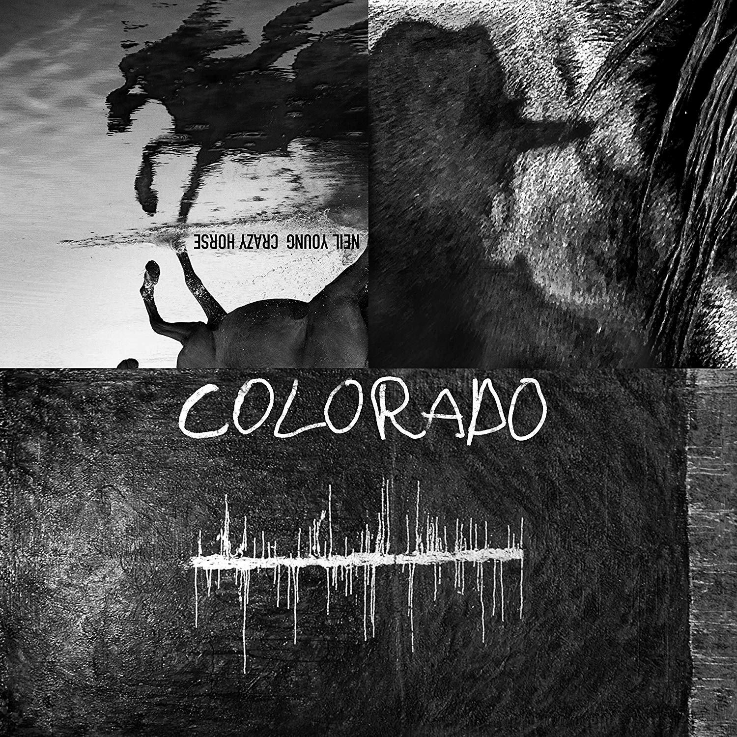 Ló a vízben; egy futó ló tükröződése. Szöveg: Colorado, Neil Young, Crazy Horse.