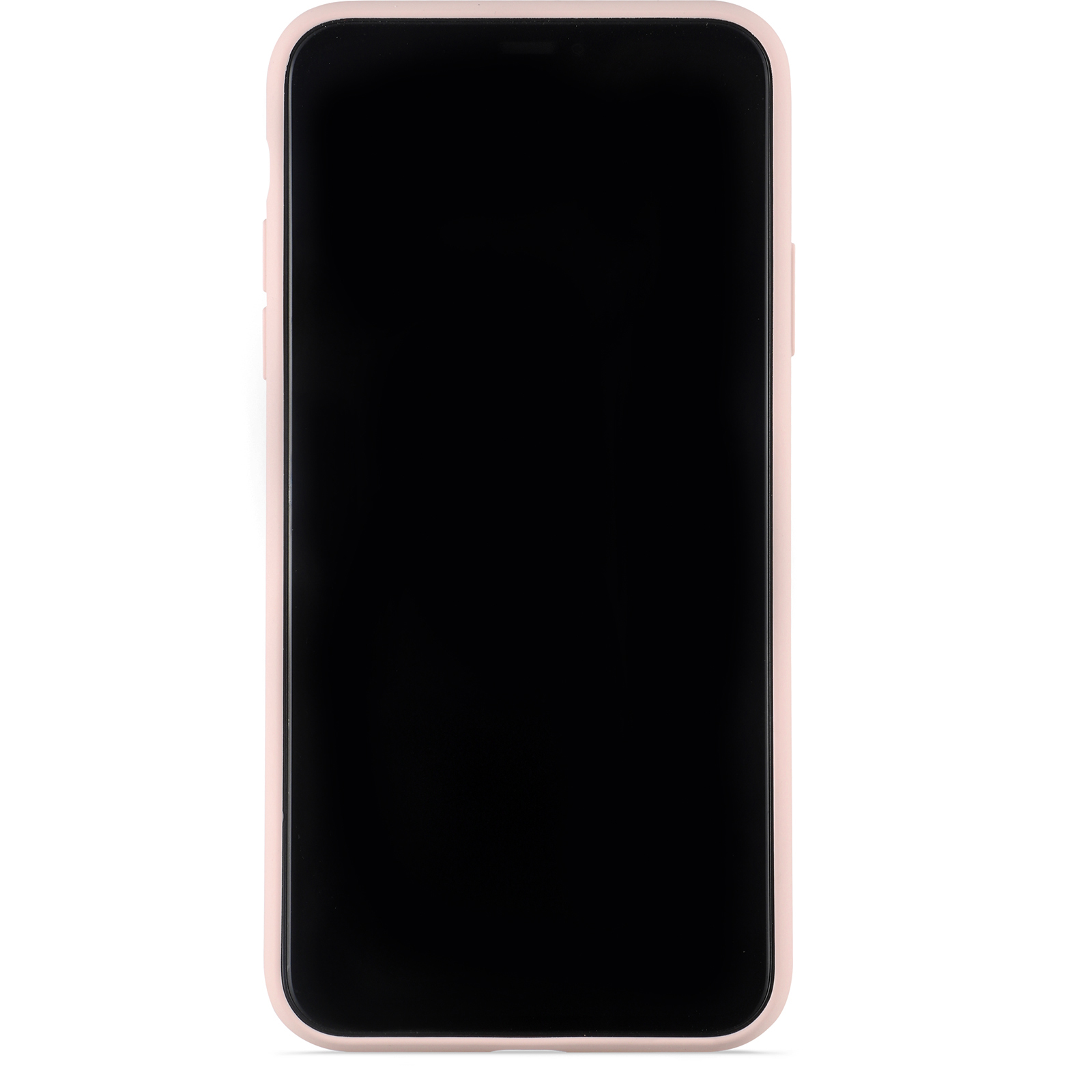 Pinkes Telefon mit schwarzem Bildschirm. Sichtbarer Rahmen mit Lautstärketasten.