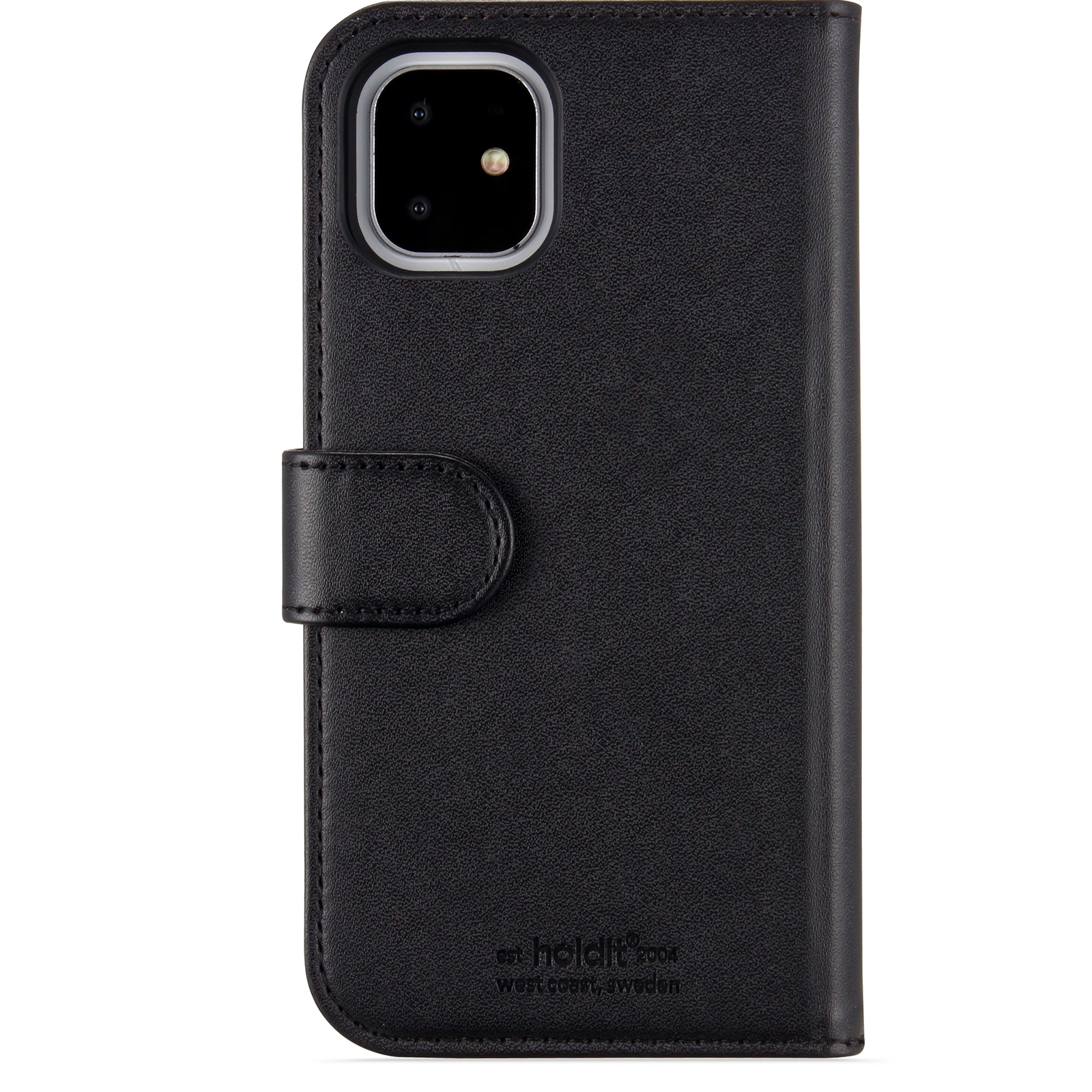Eine schwarze Handyhülle mit Knopfverschluss, die ein Handy mit schwarzer Kamera und Bildschirm hält.