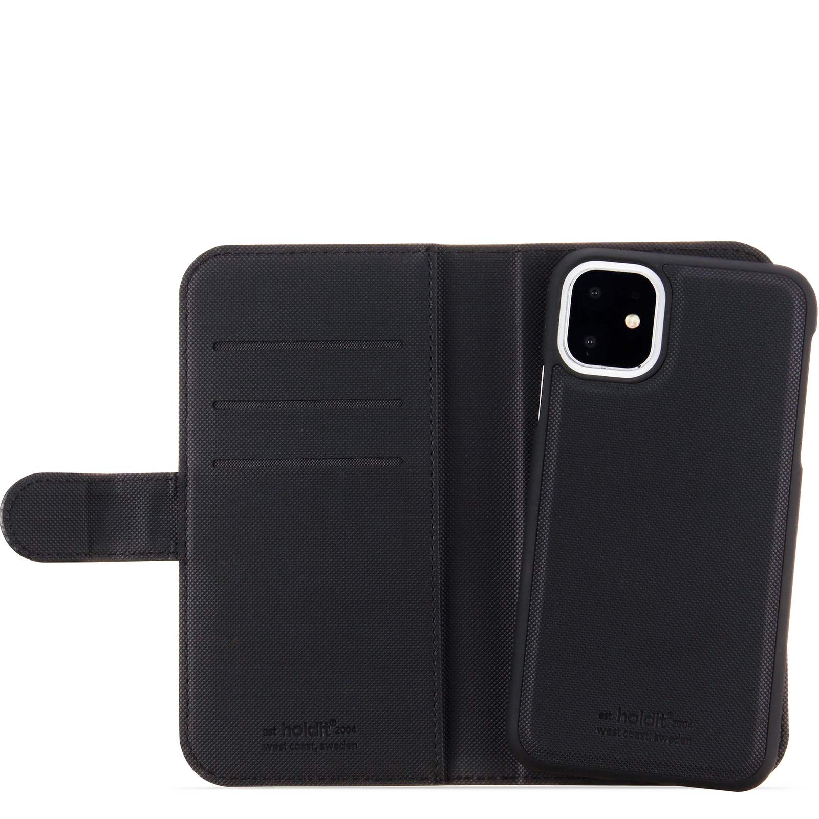 Schwarze Handyhülle offen, zeigt ein Telefon. Brieftaschenstil mit Kartenfächern, strukturierte Außenseite.