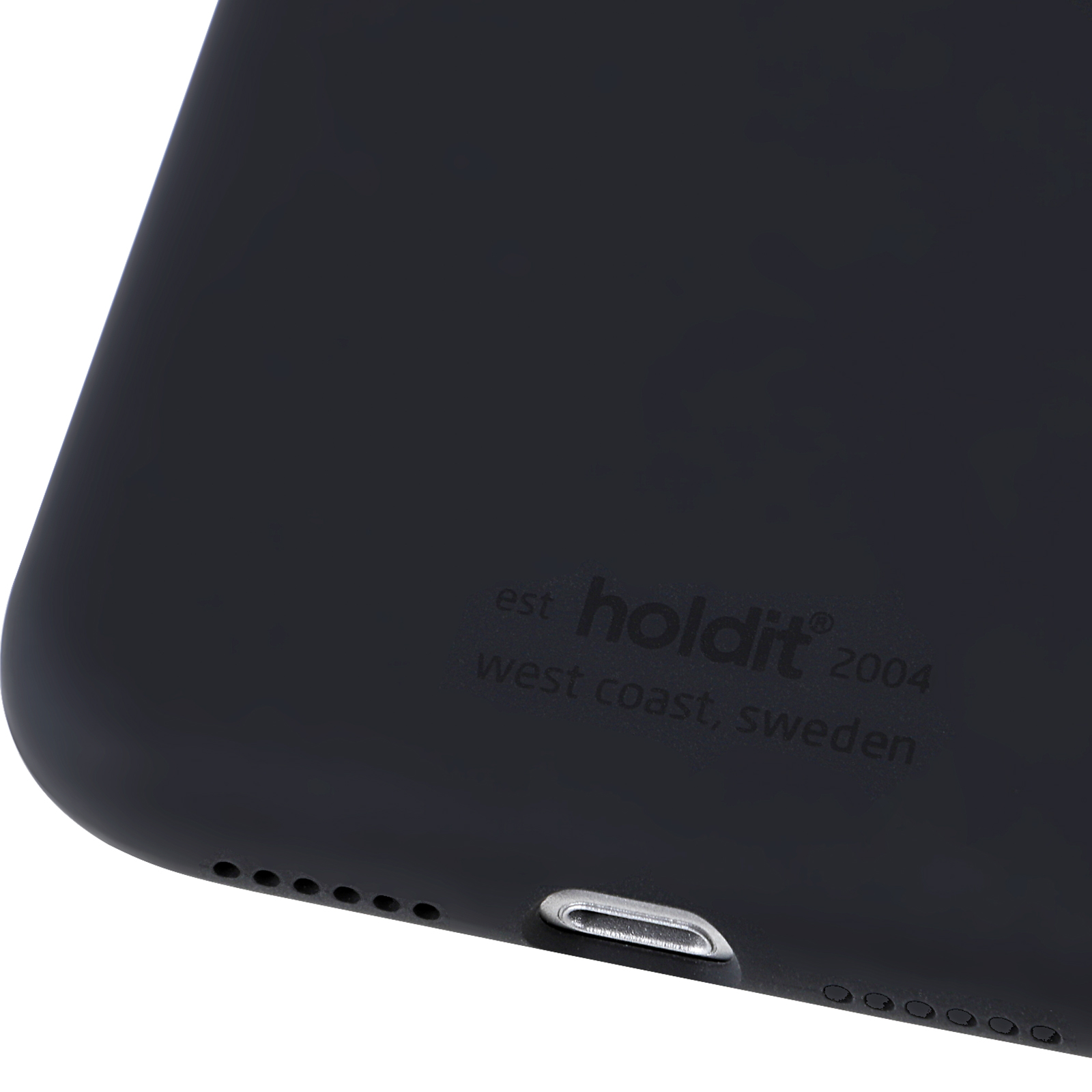Unterkante eines schwarzen Telefons. Zeigt Ladeanschluss und Lautsprecherlöcher. 'holdit'-Logo.