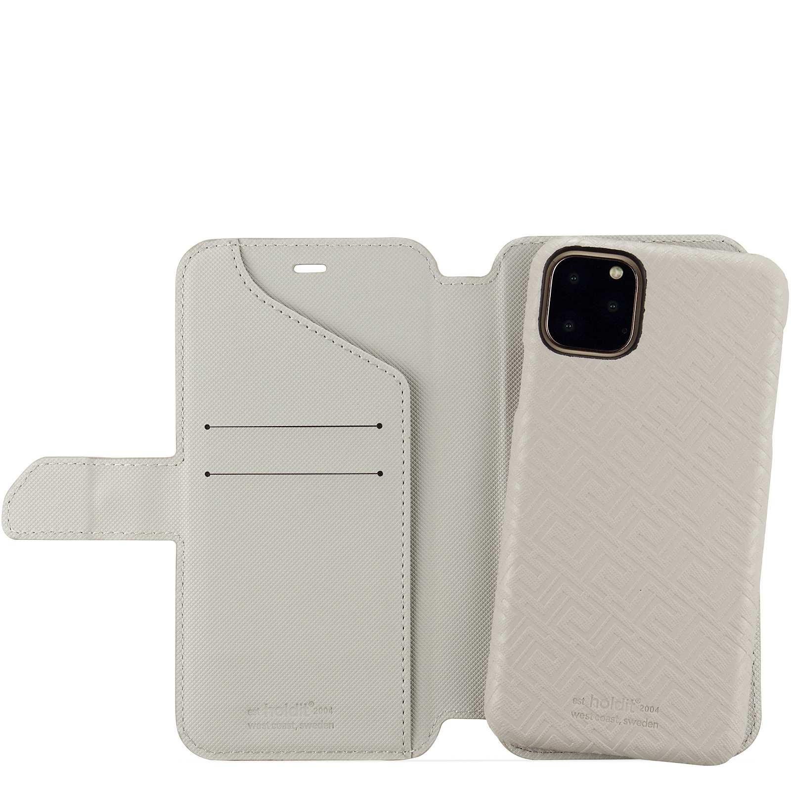 Geöffnete weiße Handyhülle mit hellem Handy. Muster auf der Rückseite.