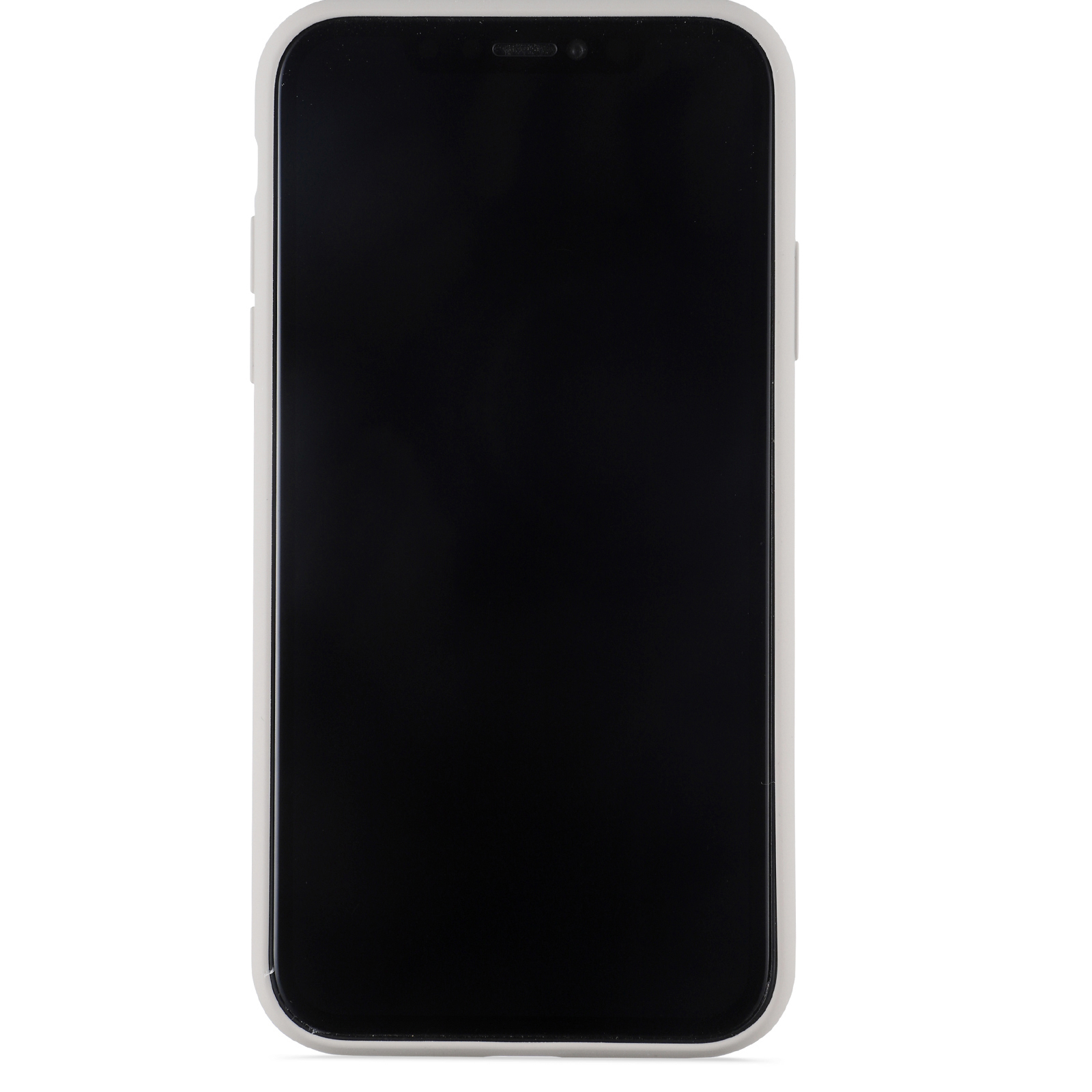 Ein Smartphone in einer weißen Hülle, der Bildschirm schwarz. Das Telefon ist vertikal.