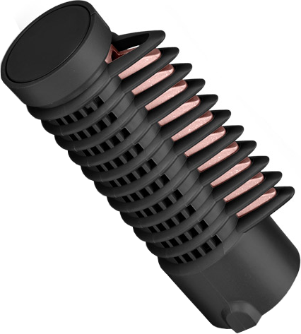Filtre à eau cylindrique noir. Présente un design nervuré avec des éléments de couleur cuivre.