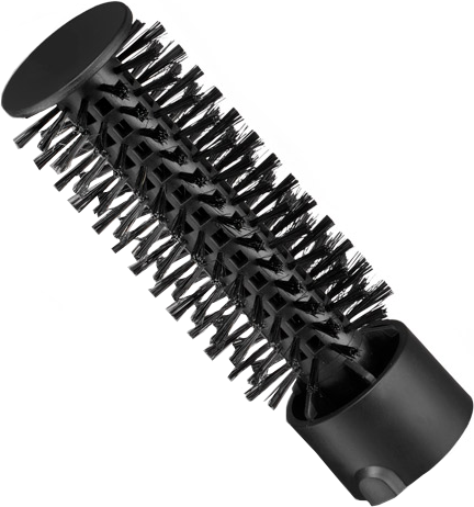 Accessoire de brosse à cheveux noir avec des poils, forme cylindrique et dessus rond.