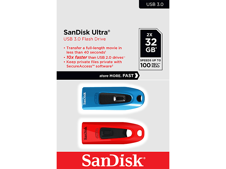 SANDISK Ultra USB-Stick, 32 GB, 100 MB/s, Blau und Rot