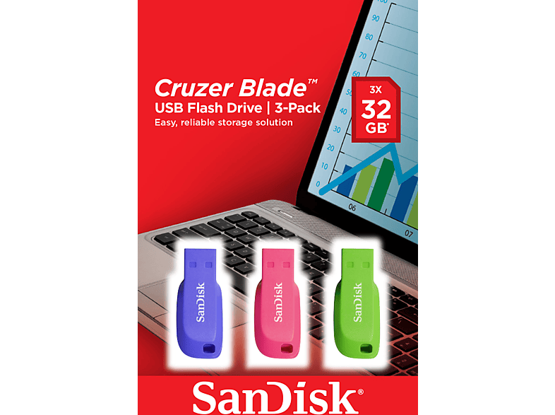 SANDISK Cruzer Blade USB-Stick, 32 GB, Violett, Pink, Grün