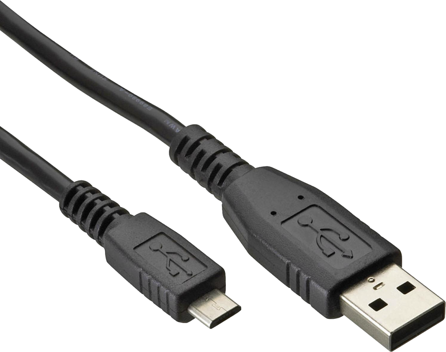 Schwarzes USB-Kabel mit USB- und Micro-USB-Anschlüssen.