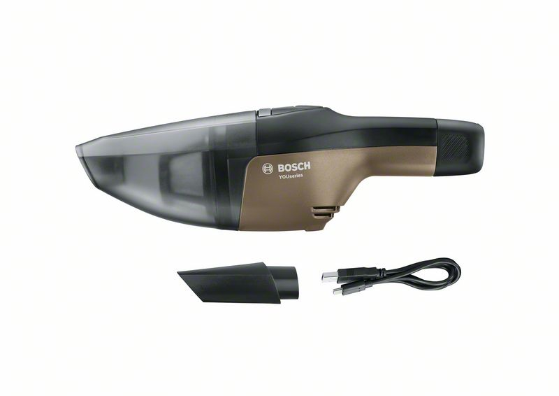 Bosch Handstaubsauger, bronze und schwarz, mit Düse und USB-Kabel.