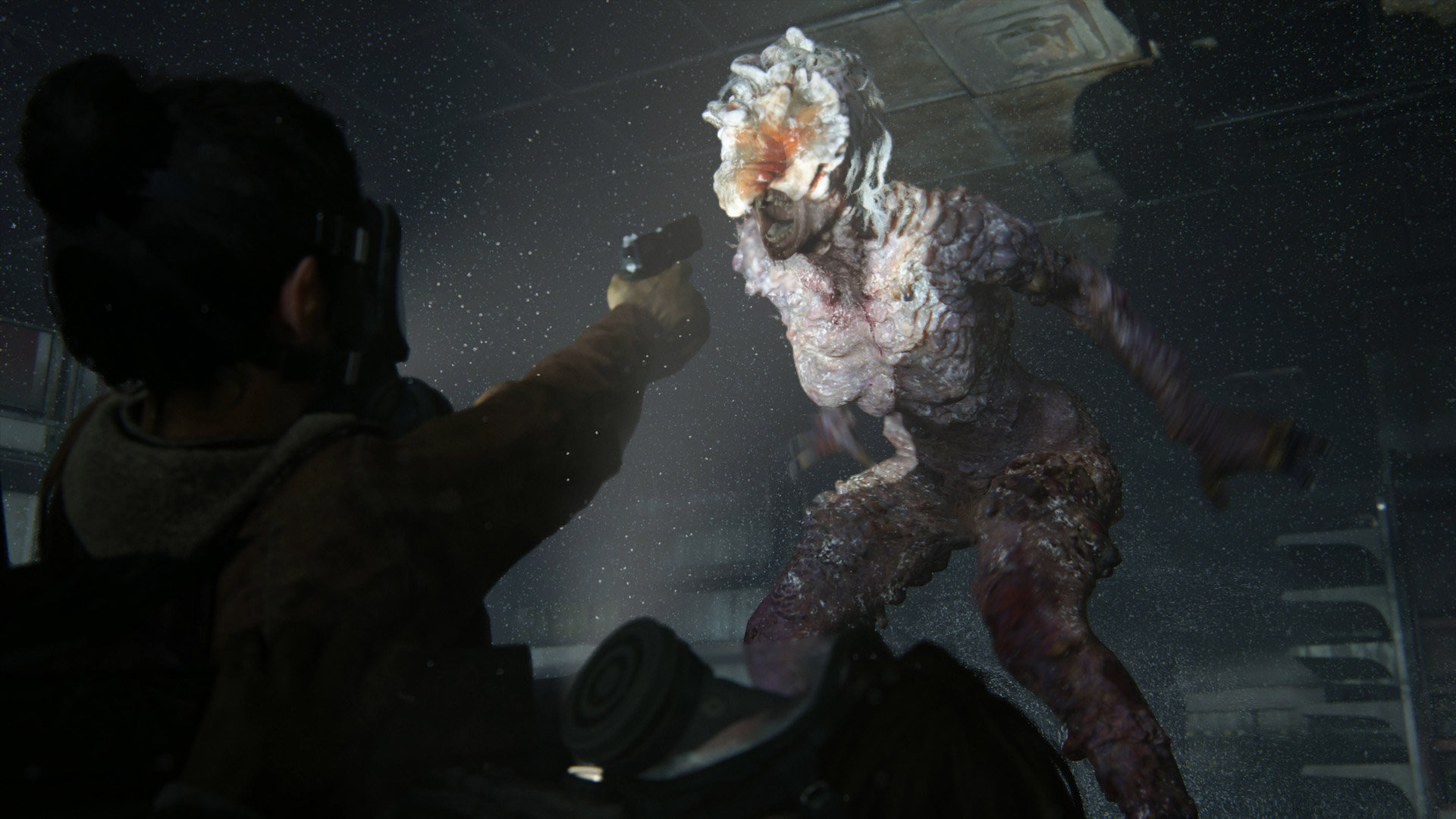 Szene aus einem Videospiel, in der eine Person auf ein Monster schießt.