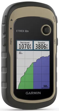 A Garmin eTrex 32x GPS device, showing elevation and ascent graphs.