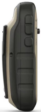 Side view of a GPS device with buttons and a belt clip, in neutral tones.