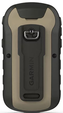 The back of a Garmin GPS device. It is brown and black with a metal clip for attachment.