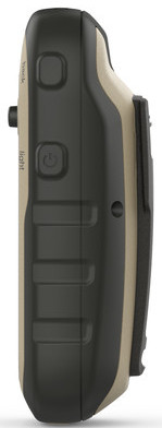 Side view of a black and beige GPS device with buttons and a clip.