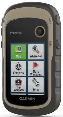 Garmin eTrex 32x GPS device with buttons and a screen displaying map, compass, and setup icons.