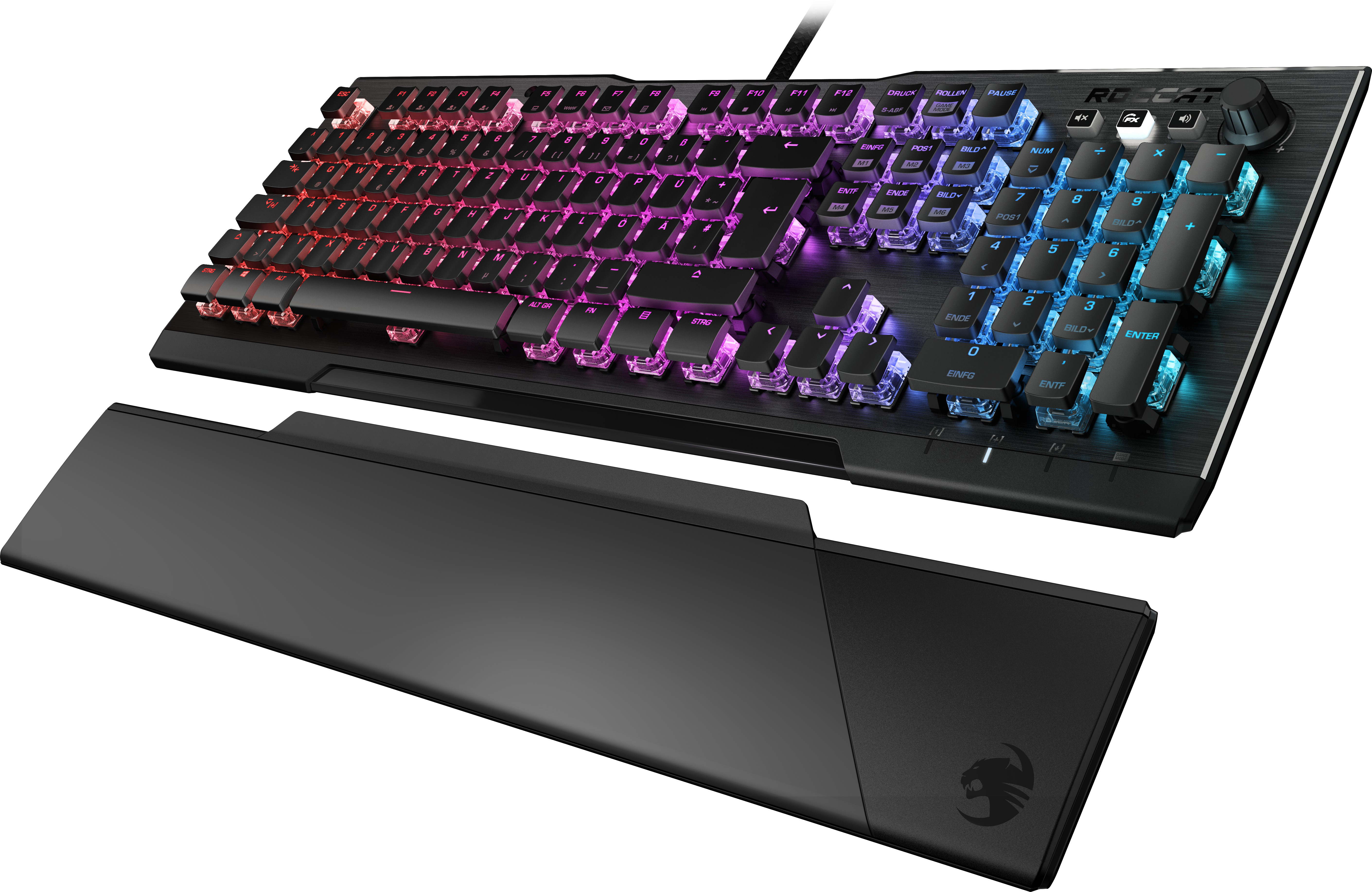 RGB-Mechaniktastatur mit Handballenauflage. Schwarze Tastatur, mehrfarbige Tasten, schwarze Handballenauflage.