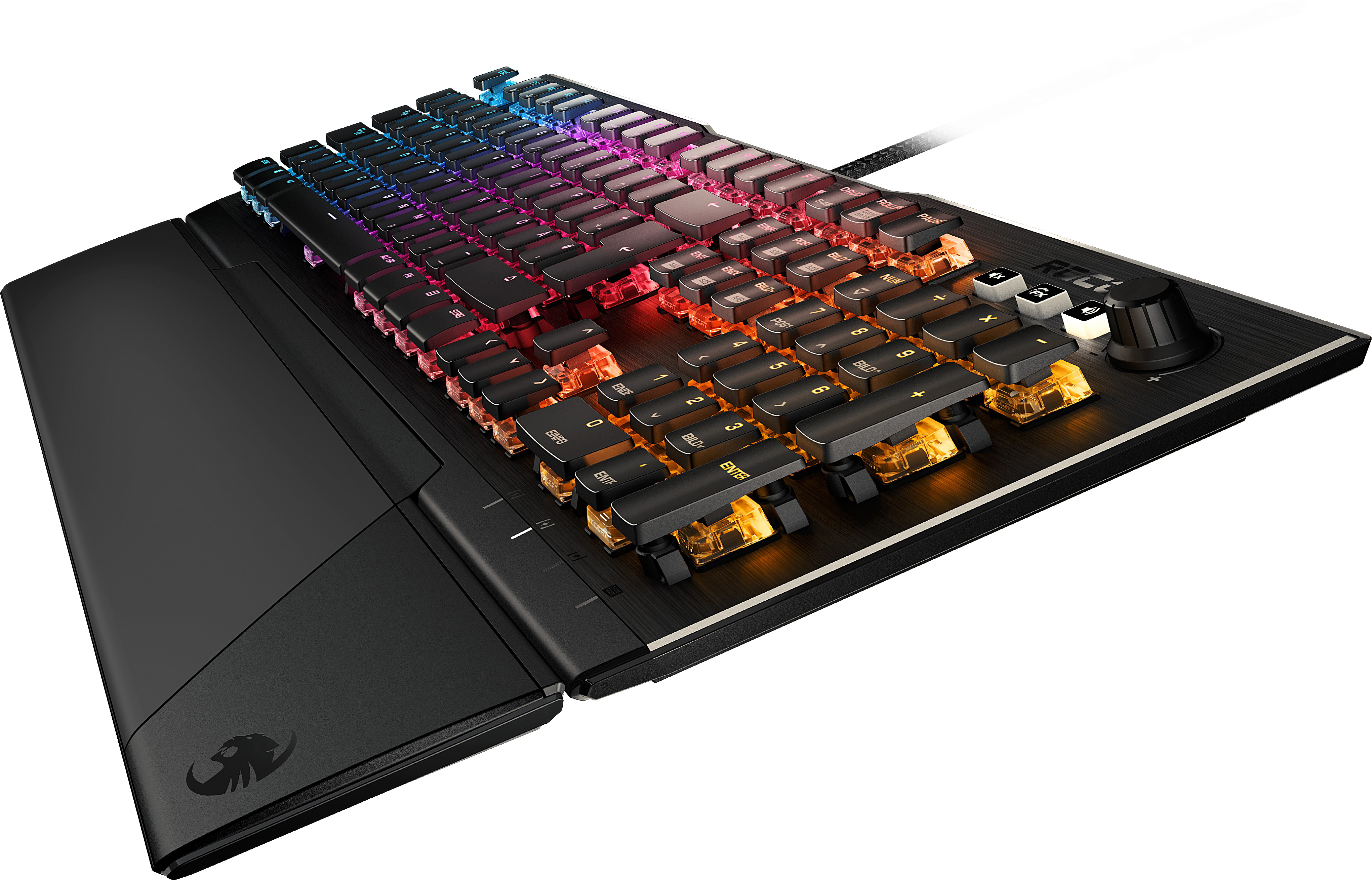 Schwarze Gaming-Tastatur mit RGB-Beleuchtung. Sie hat eine Handballenauflage und einen Lautstärkeregler.