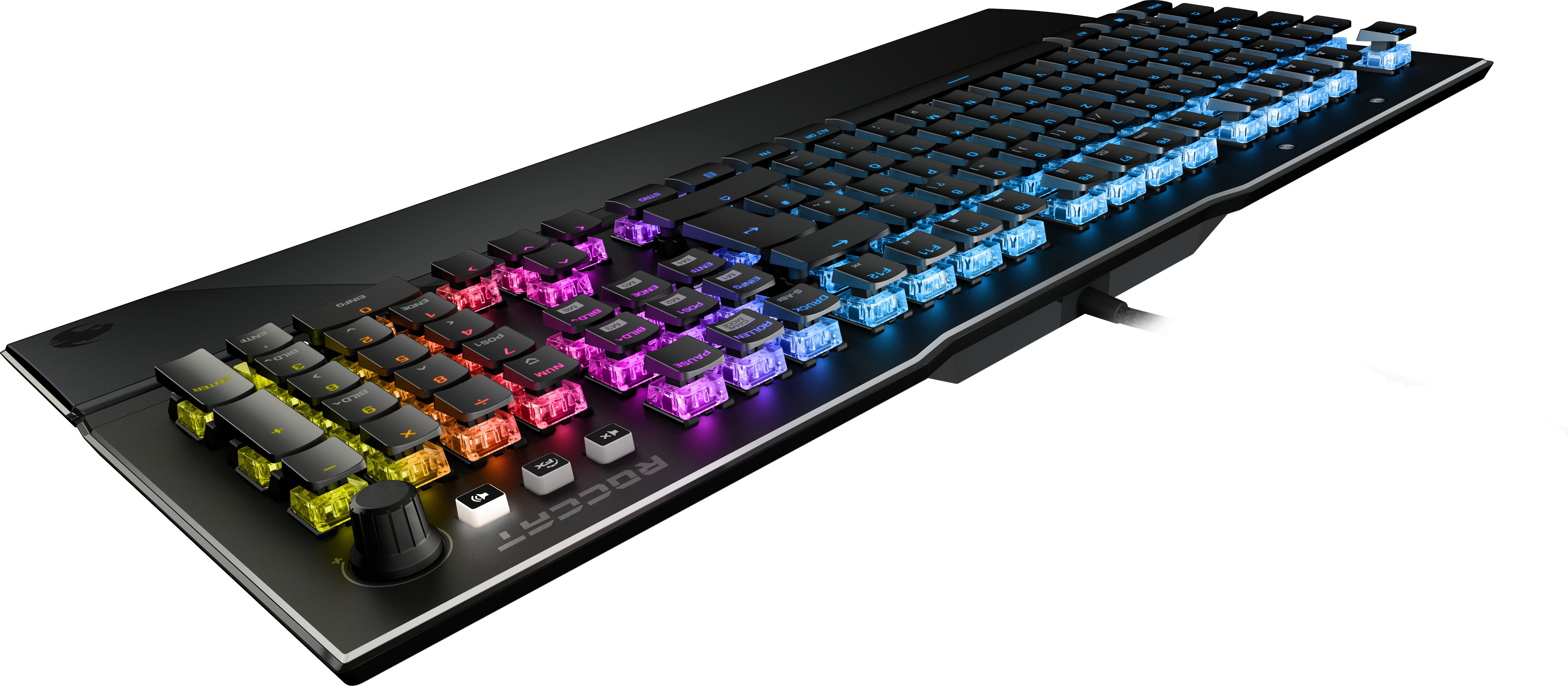 Schwarze Gaming-Tastatur mit bunten Tasten und Regler.