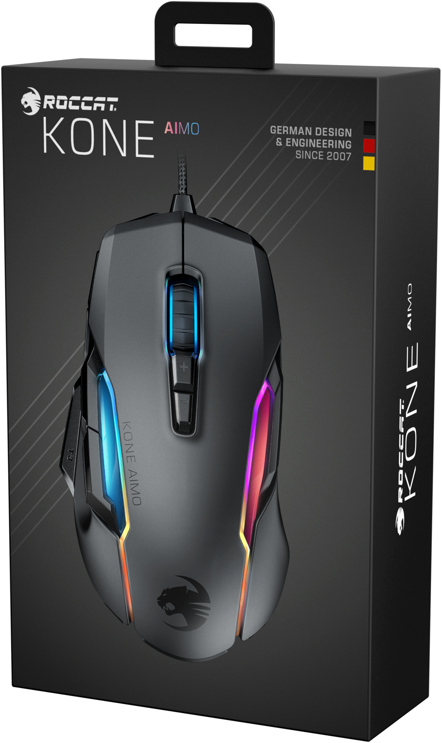 Roccat Kone AIMO Gaming-Maus in der Box, schwarz mit RGB-Beleuchtung, schlankes Design.