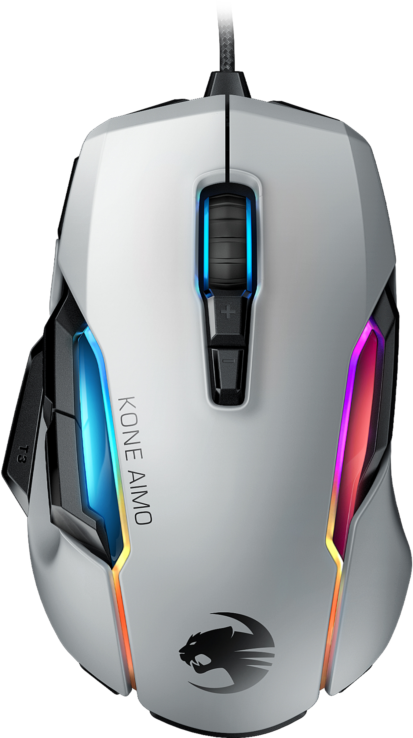Eine weiße Gaming-Maus mit RGB-Beleuchtung, Logo und dem Namen 'Kone Aimo'.