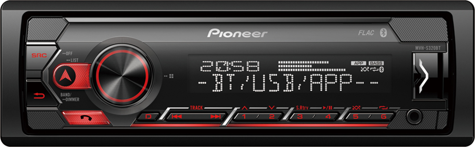 Pioneer Autoradio mit schwarzer Blende, Knöpfen und Digitalanzeige mit Uhrzeit und BT.
