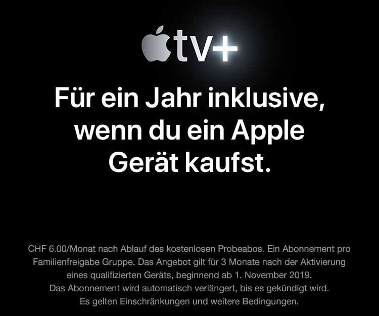 Publicité Apple tv+ sur fond noir. Texte en allemand, offre un essai gratuit avec l'achat.