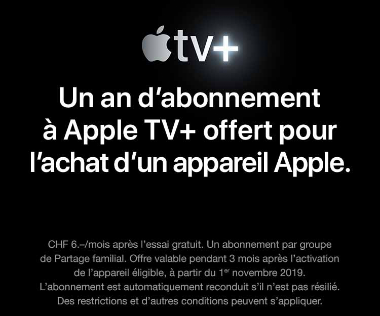 Fond noir avec texte Apple TV+ et informations promotionnelles.