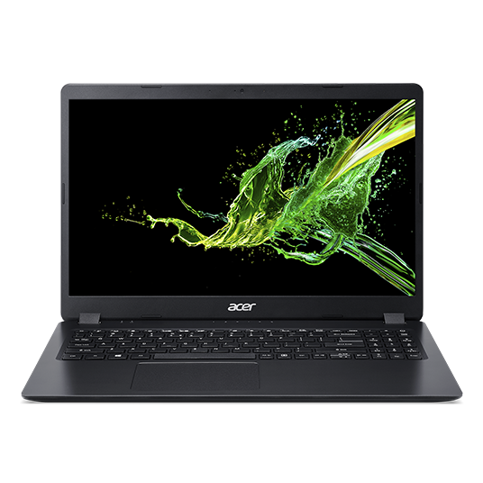 Portátil Acer negro, abierto en un escritorio. Pantalla muestra arte splash verde y amarillo.