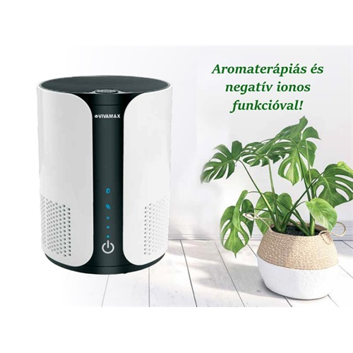 Légtisztító növénnyel, magyar szöveg aromaterápiáról és negatív ionokról.