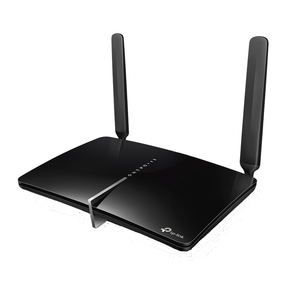 Black TP-Link router with two antennas, on a black surface.