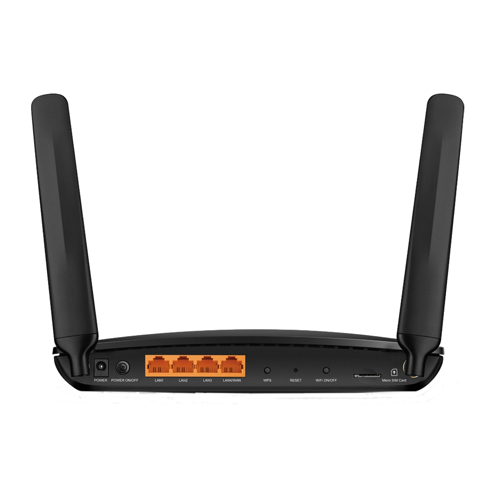 Black router with two antennas. It has several ports and lights on the back. Dark background.