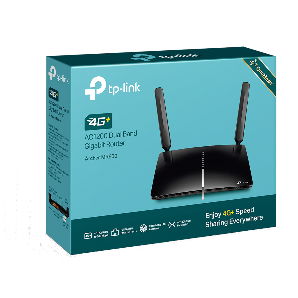 Black TP-Link router box with antennas and product information.
