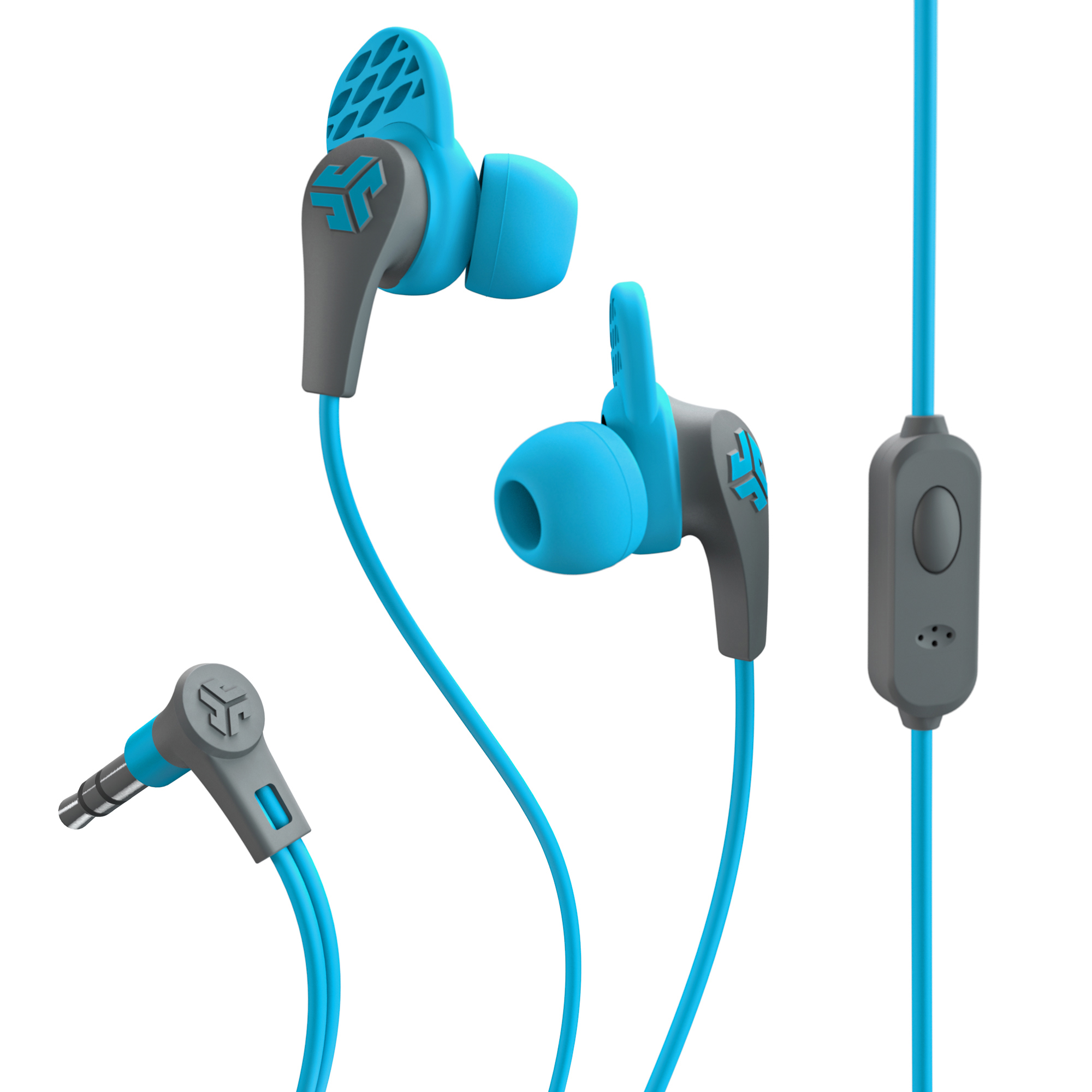 Blaue und graue Ohrhörer mit Kabel und Steuerung.