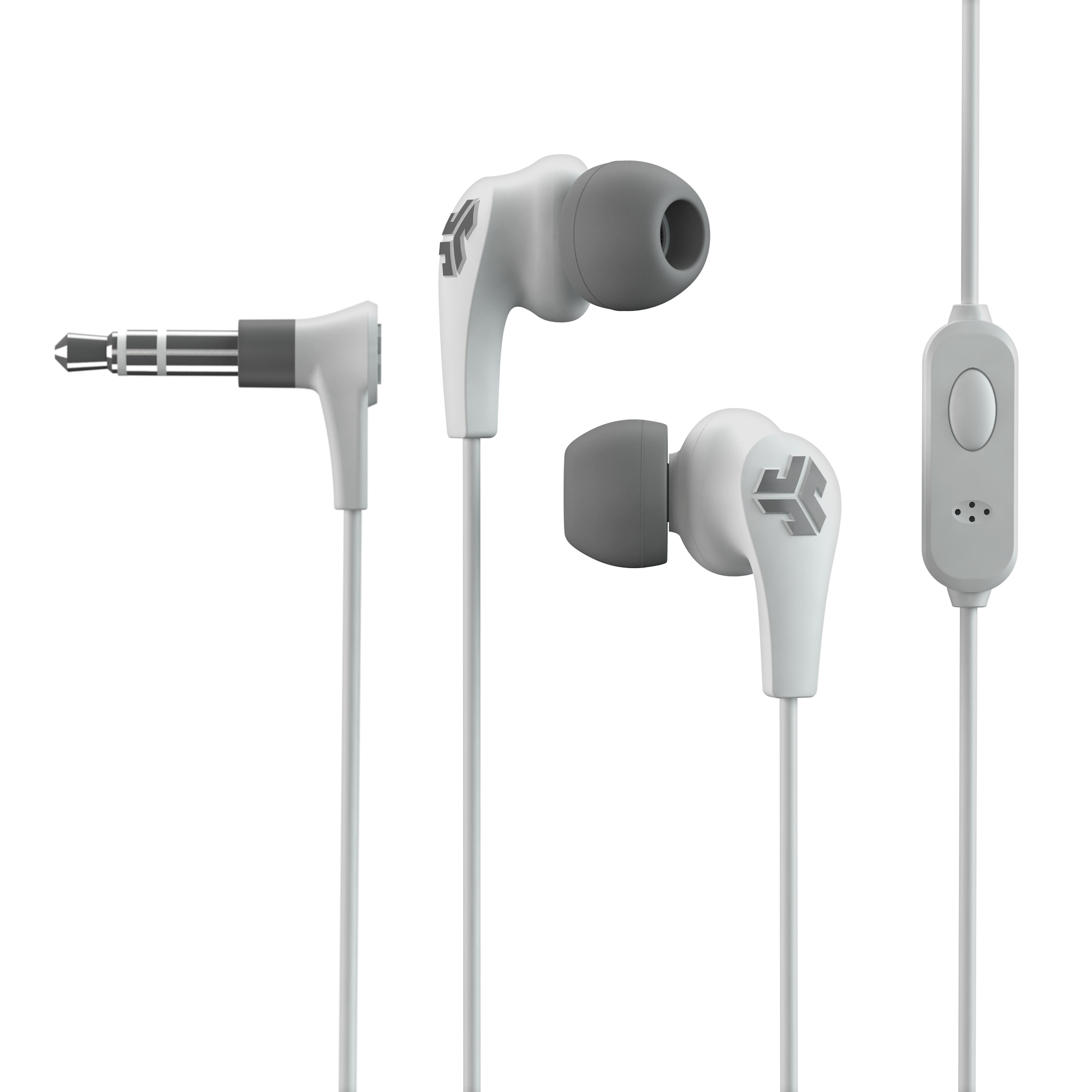 Weiße Ohrhörer mit grauen Ohrstöpseln und einem Mikrofon, verbunden mit einem weißen Stecker.