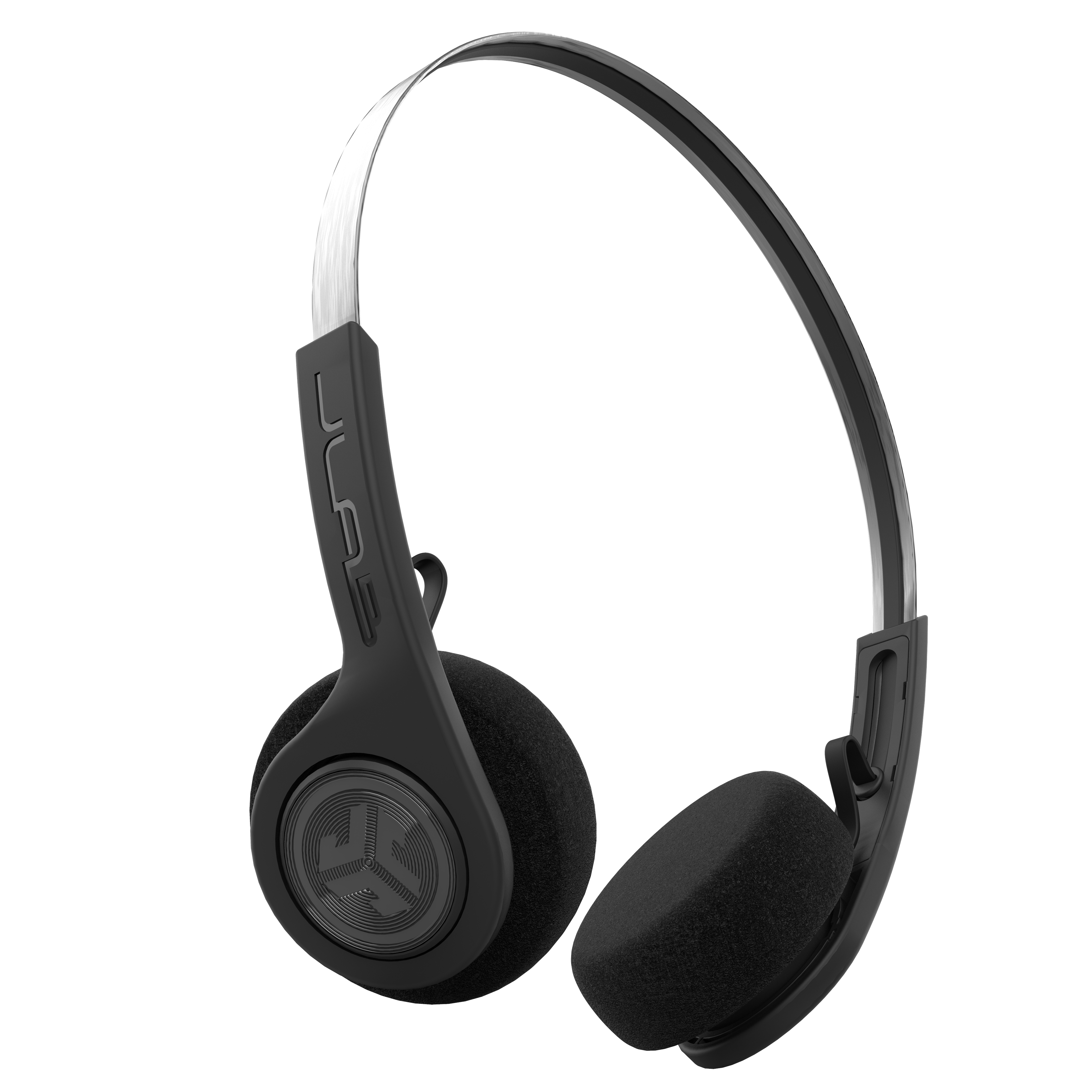 Schwarze Over-Ear-Kopfhörer mit Schaumstoff-Ohrpolstern und einem silbernen Bügel, isoliert auf Weiß.