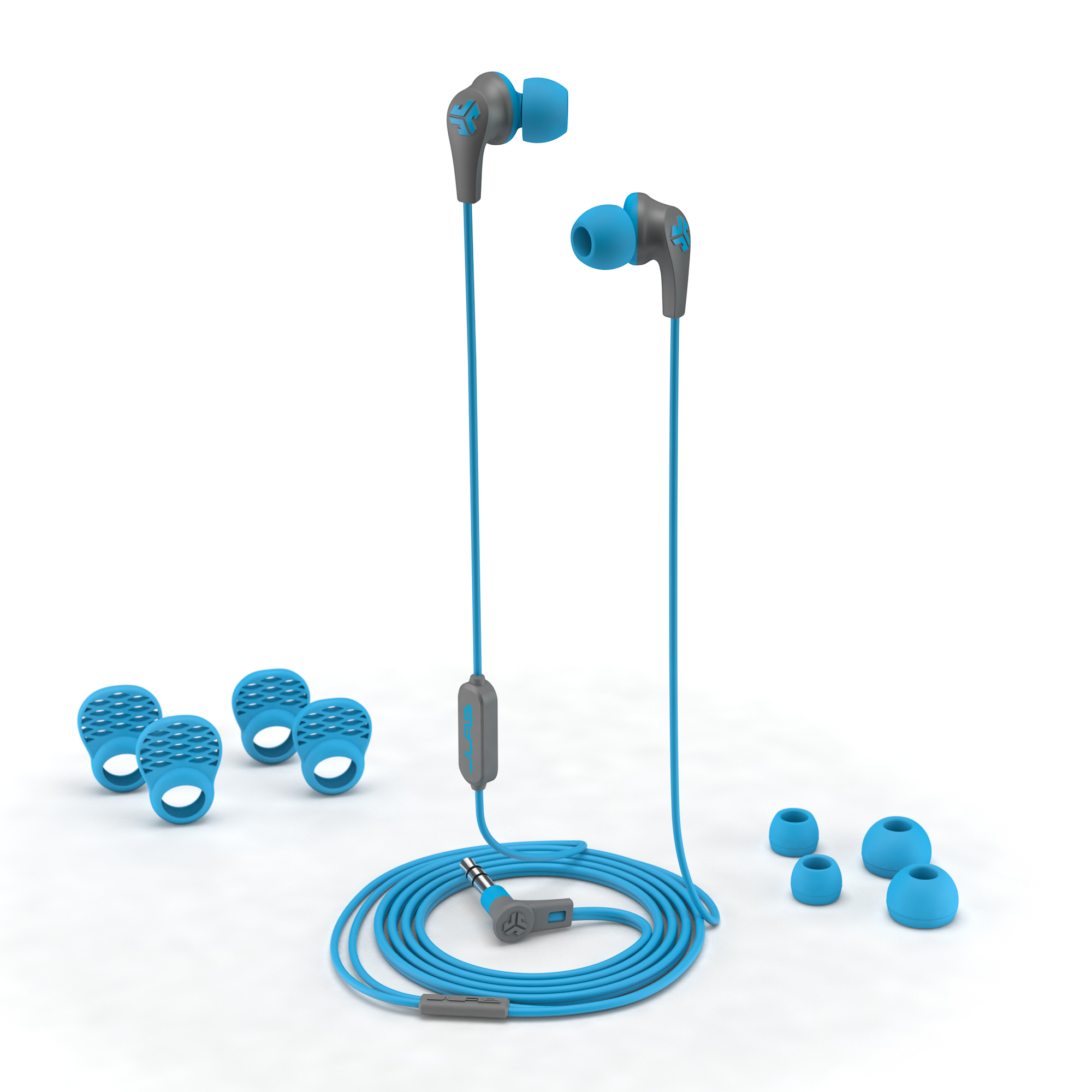 Ohrhörer mit blauen und grauen Details, mit zusätzlichen Ohrhörern. Das Kabel ist blau, und die Ohrhörer sind grau.