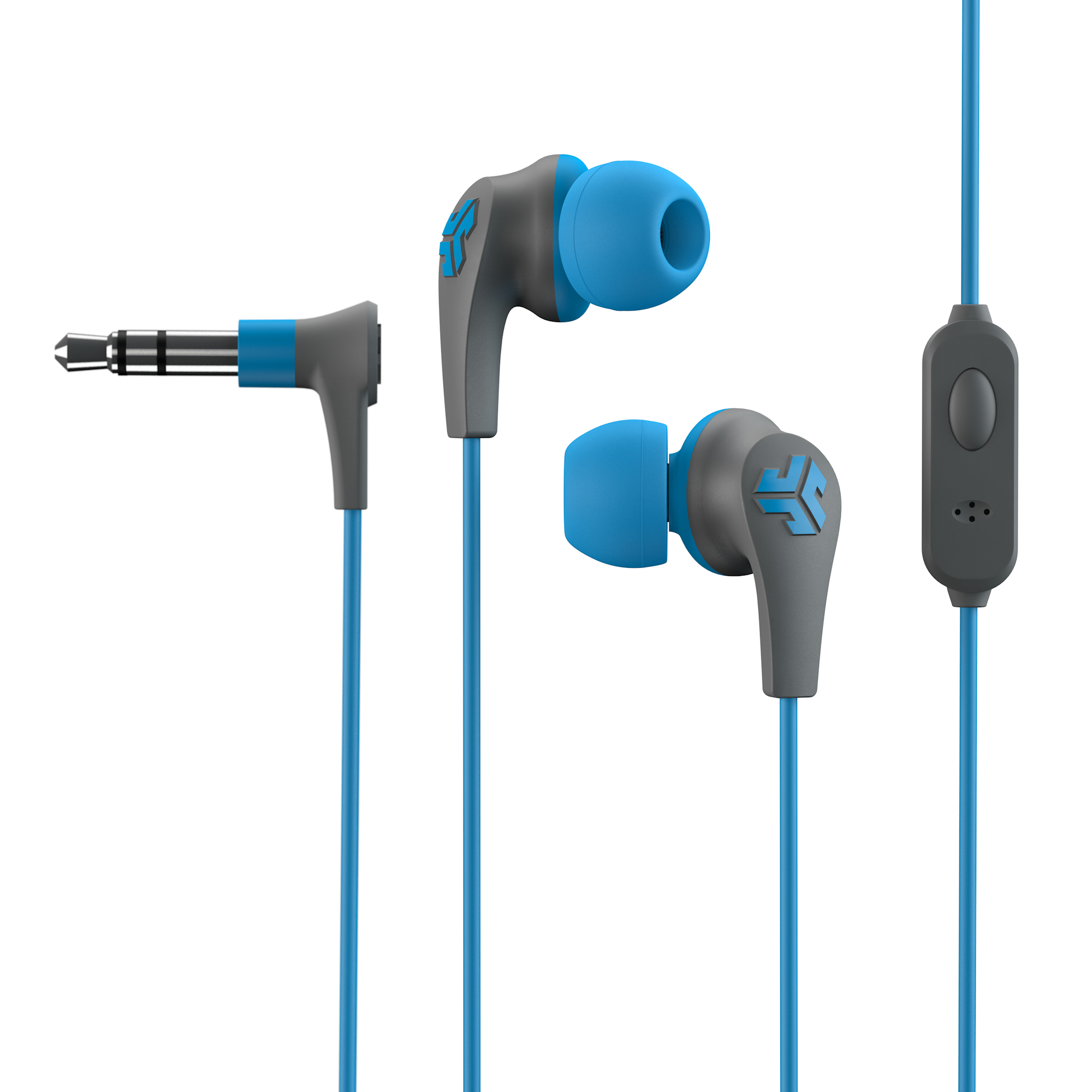 Blaue und graue Ohrhörer mit einem Standard-Audioanschluss. Die Ohrhörer haben eine Steuertaste.