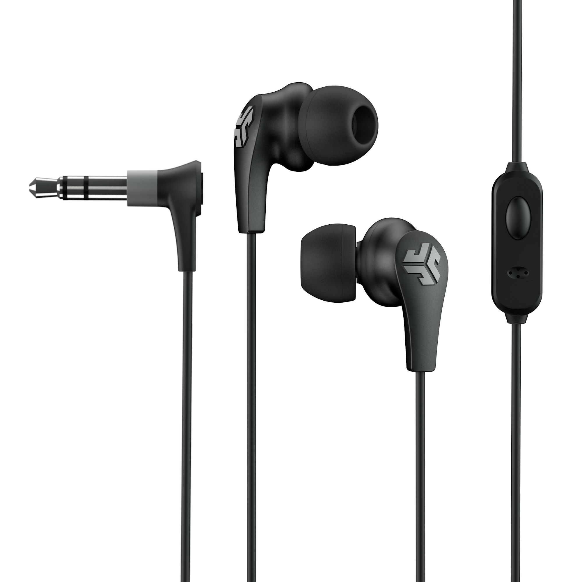 Schwarze In-Ear-Kopfhörer mit silbernem Stecker und Steuermodul am Kabel.