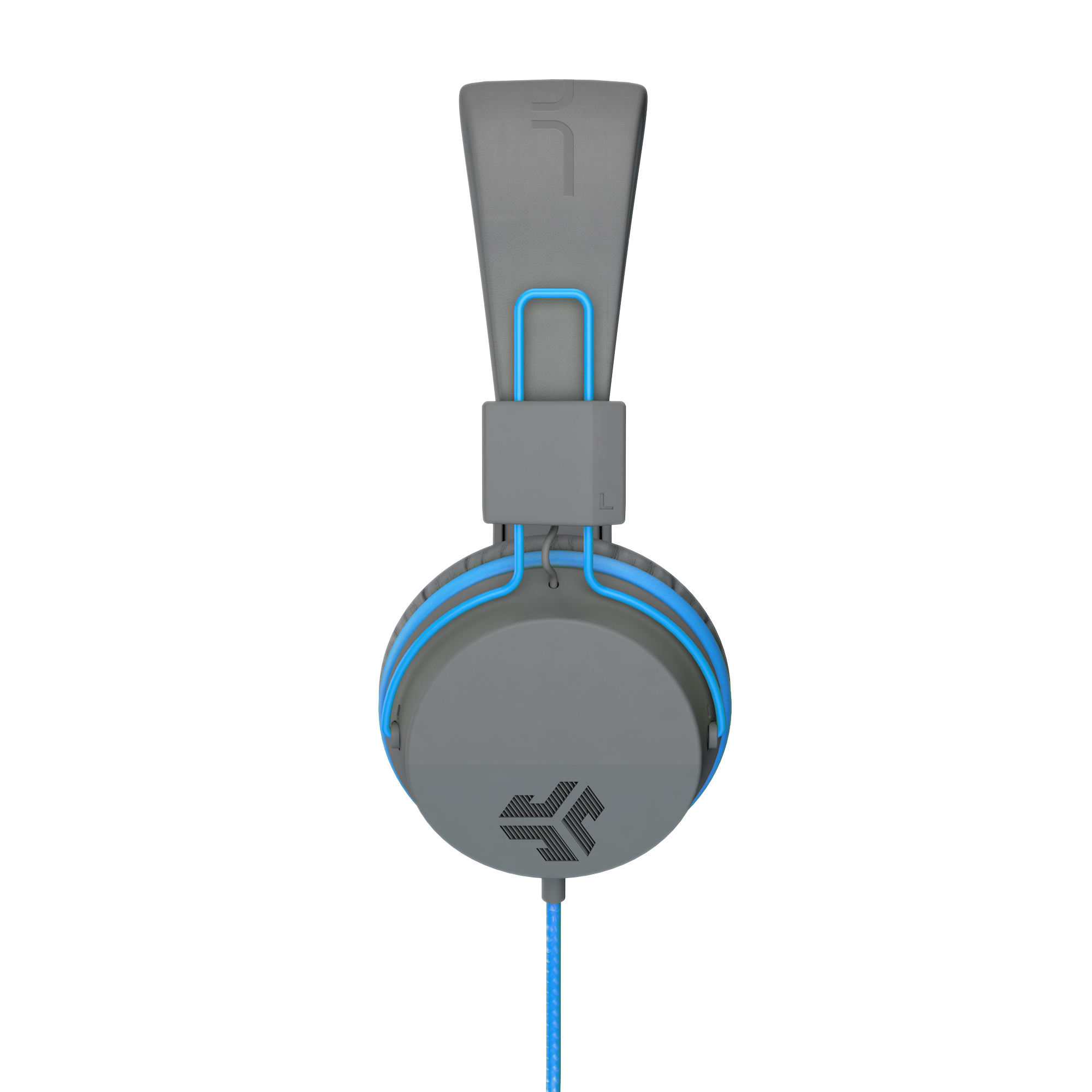Graue Kopfhörer mit blauen Akzenten. Das Kopfband und die Ohrmuscheln sind grau, mit blauem Kabel und Akzenten.