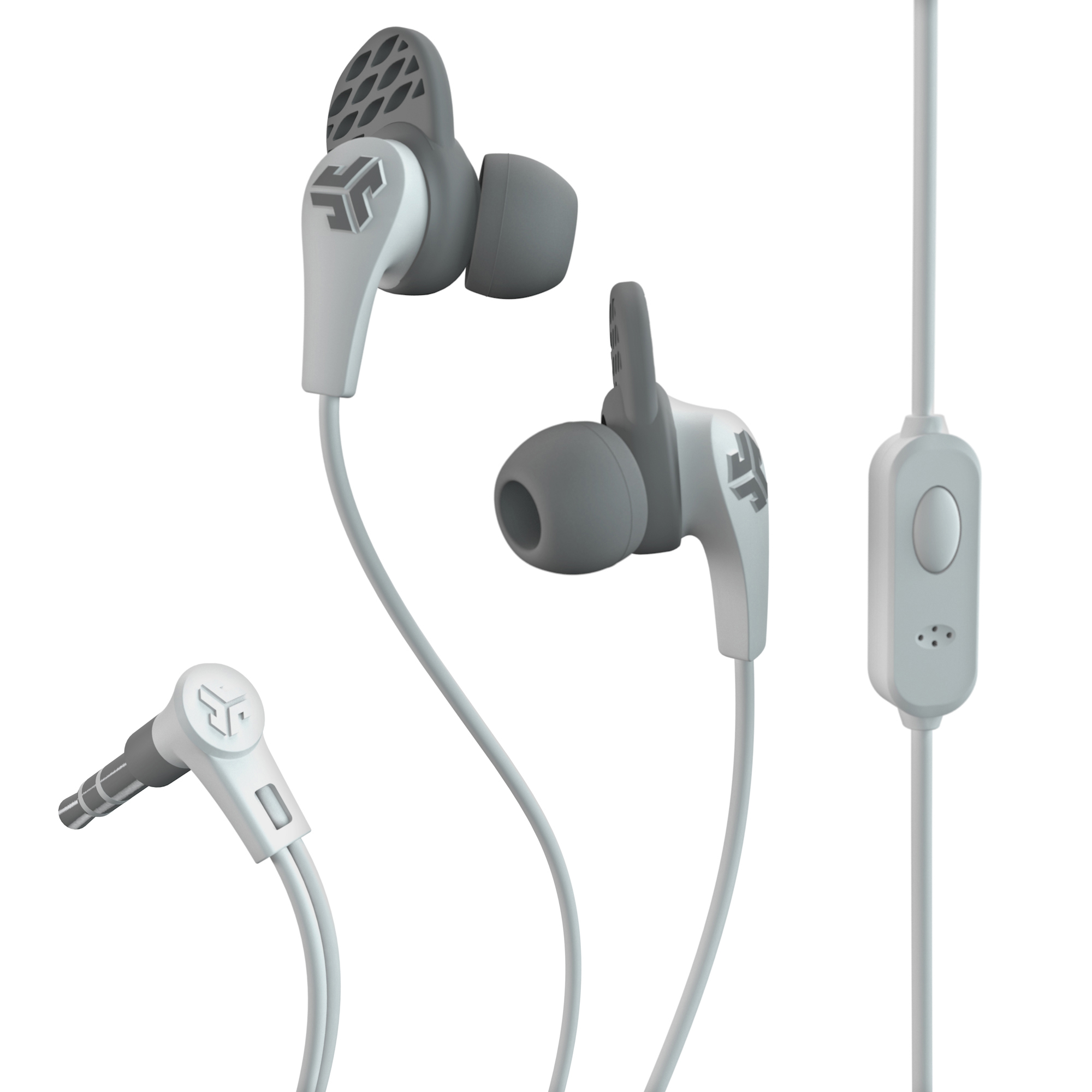 Weiße und graue JLab-Ohrhörer mit weißem Kabel und Fernbedienung mit Mikrofon.