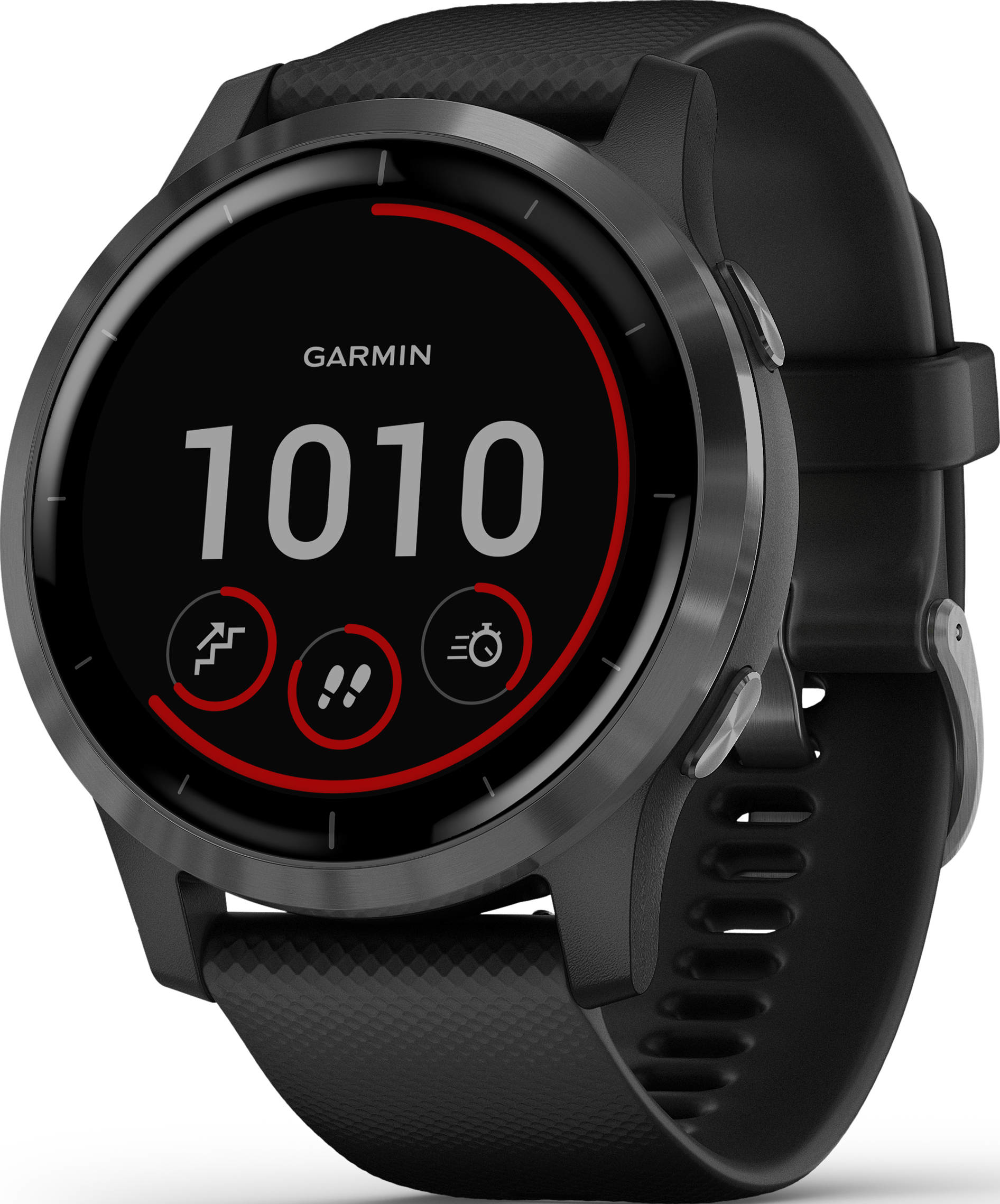 Schwarze Garmin Smartwatch, zeigt 1010 und rote Aktivitätssymbole, schwarzes Band.