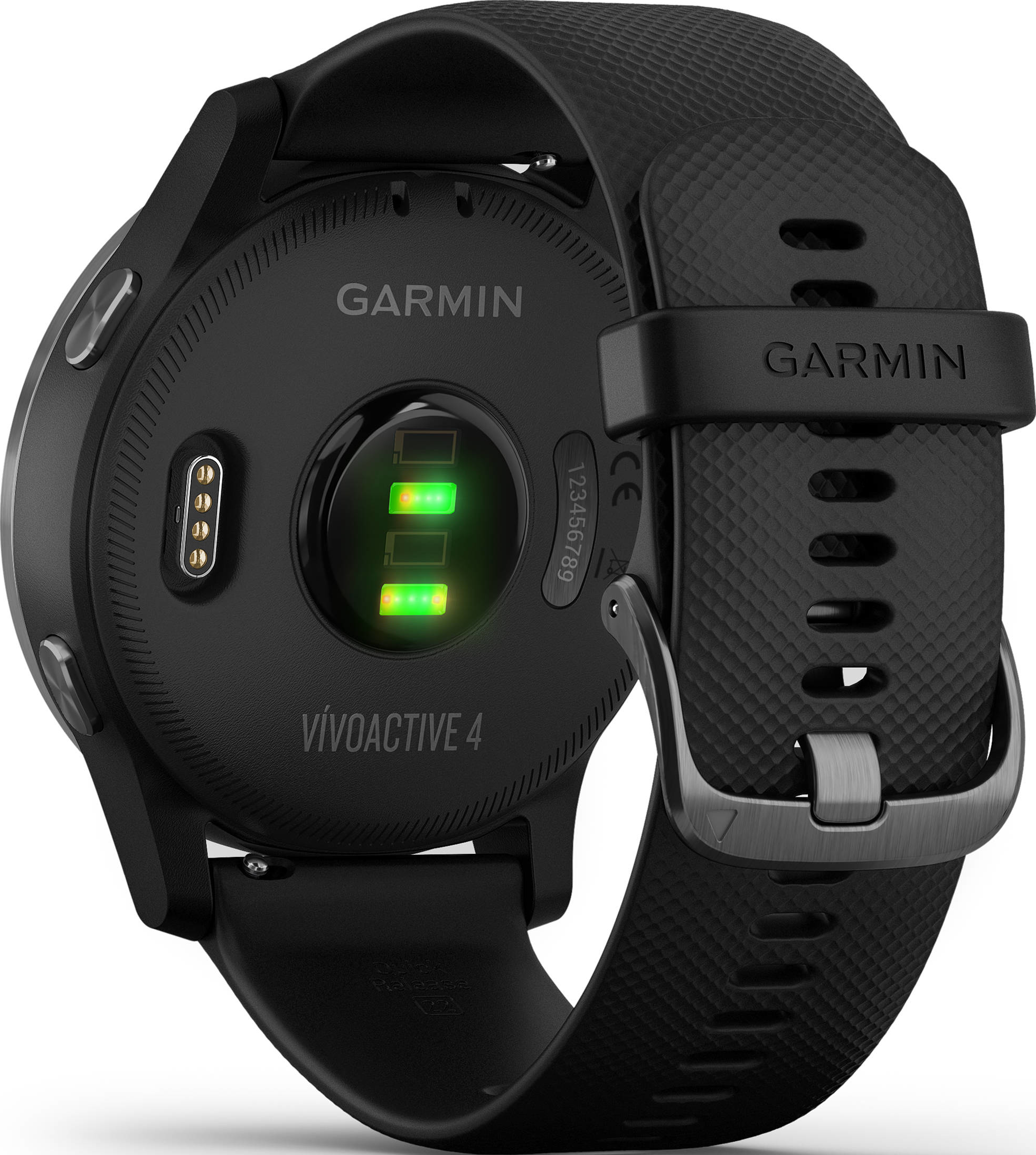 Eine schwarze Garmin Vivoactive 4 Uhr, Rückseite mit Sensoren und Armband.