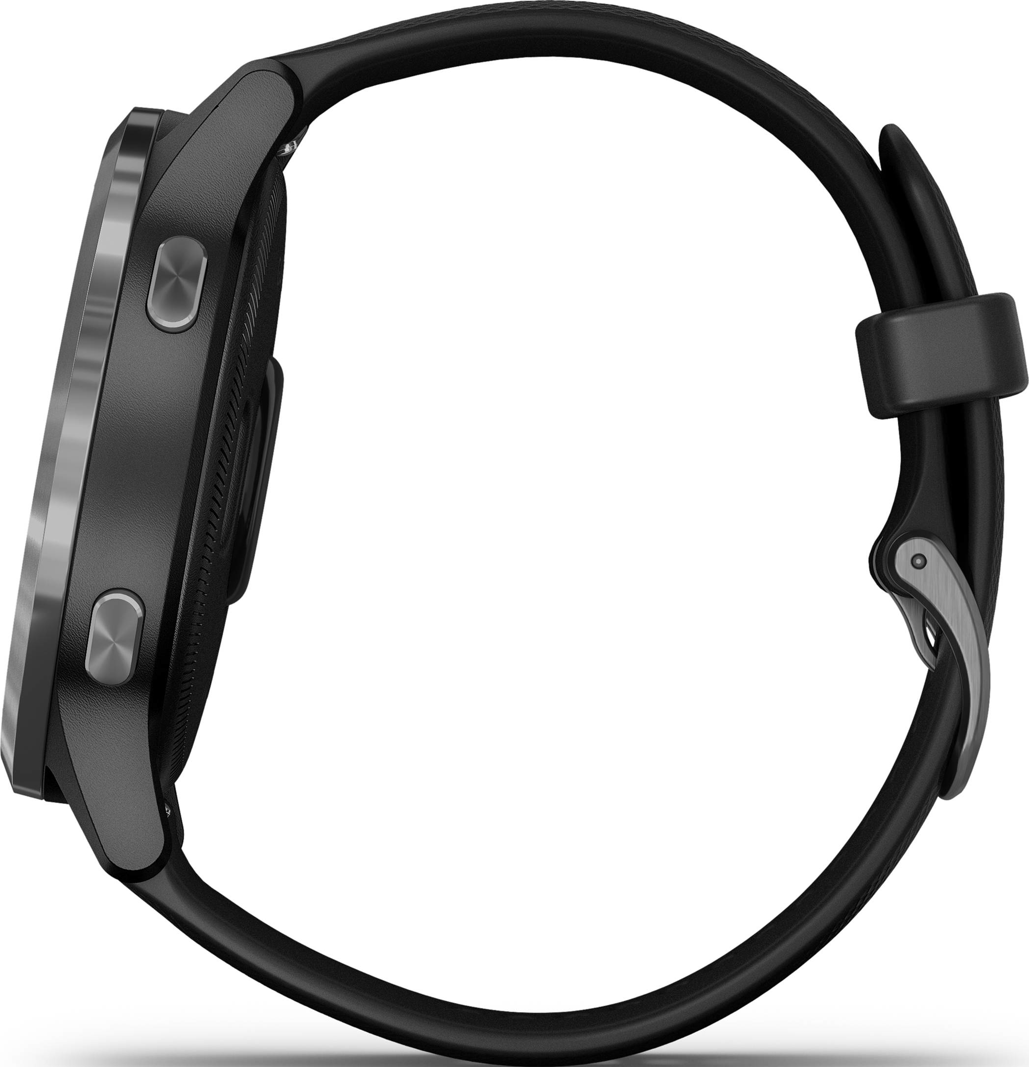 Schwarze Smartwatch im Profil. Die Uhr hat ein schwarzes Armband und eine silberne Lünette.