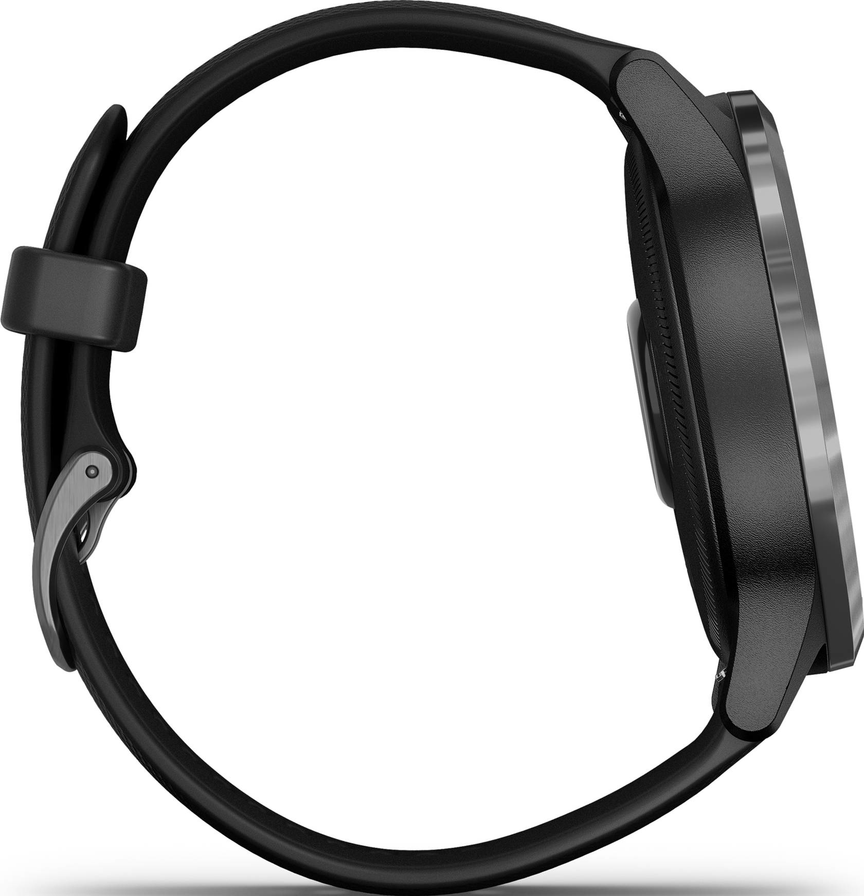 Schwarze Garmin-Uhr am schwarzen Armband, Seitenansicht.