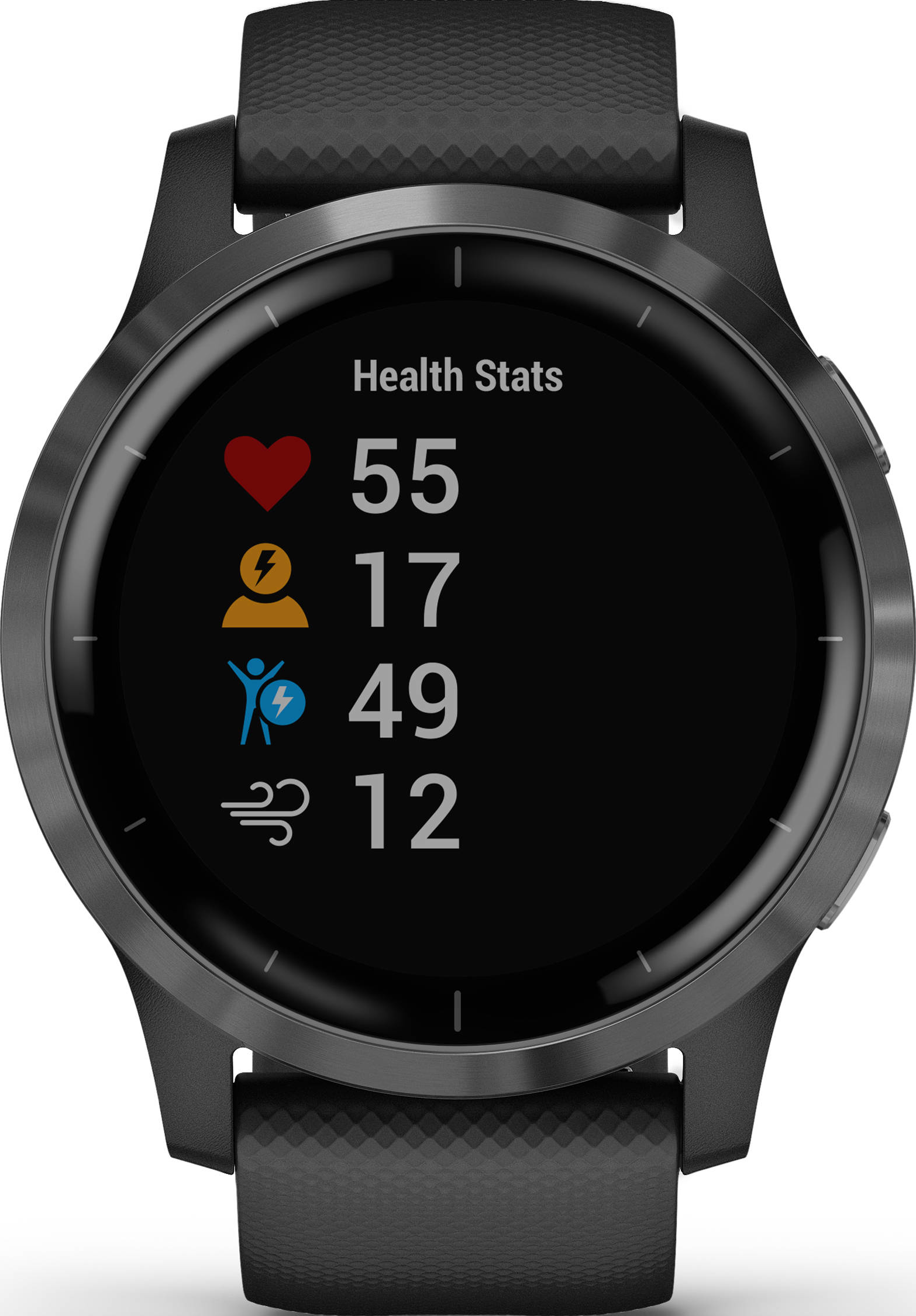 Eine schwarze Smartwatch, die Gesundheitsdaten anzeigt: Herzfrequenz, Stress, Körperbatterie und Wetter.