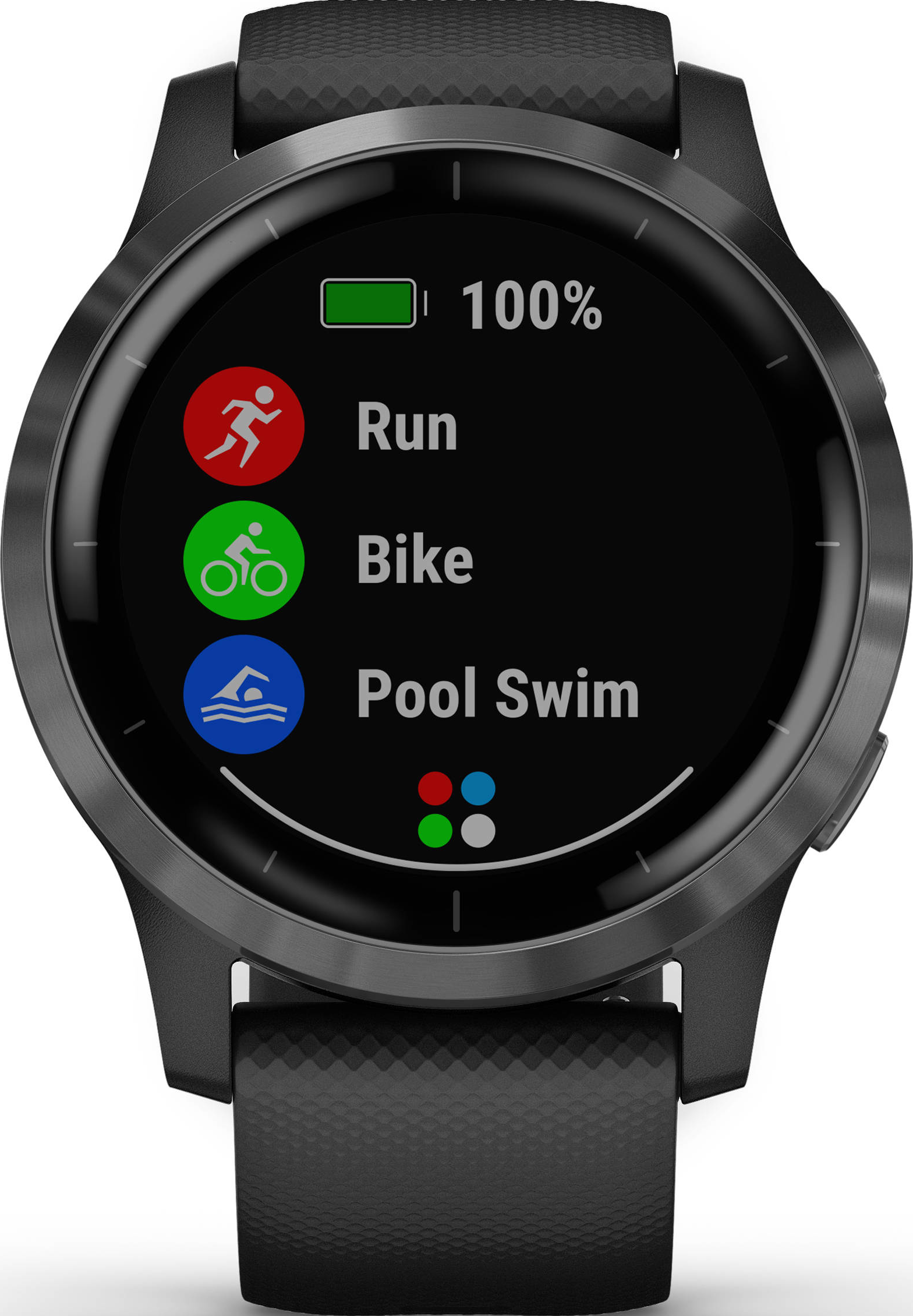 Schwarze Garmin Smartwatch mit grünem Akkusymbol (100%) und Aktivitätssymbolen.