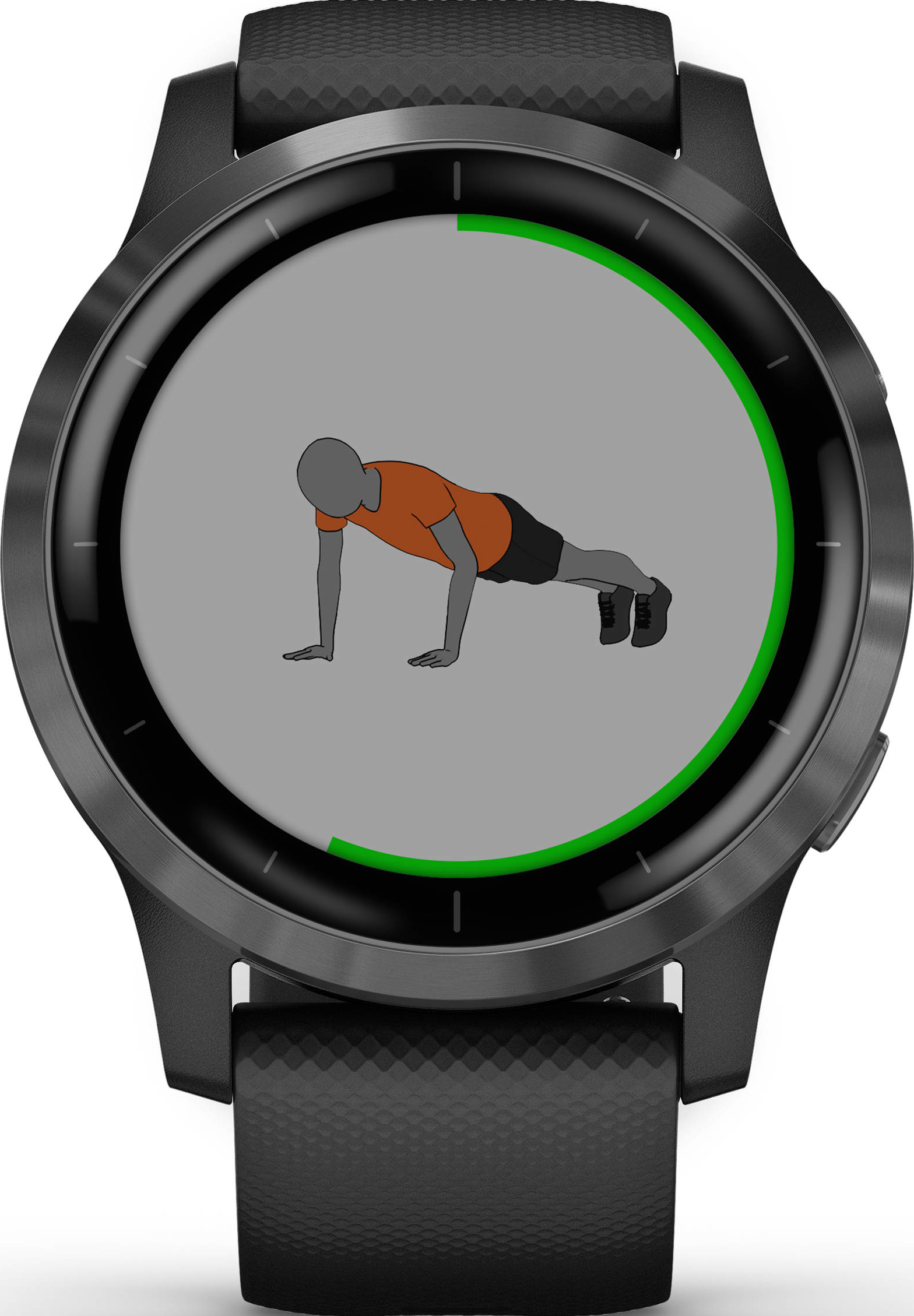 Smartwatch zeigt eine Strichfigur beim Liegestütz.