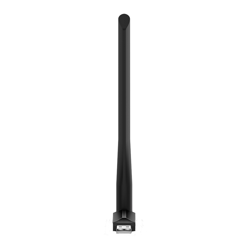 Een zwarte USB-antenne, met een lange, dunne behuizing. Het is tegen een zwarte achtergrond.