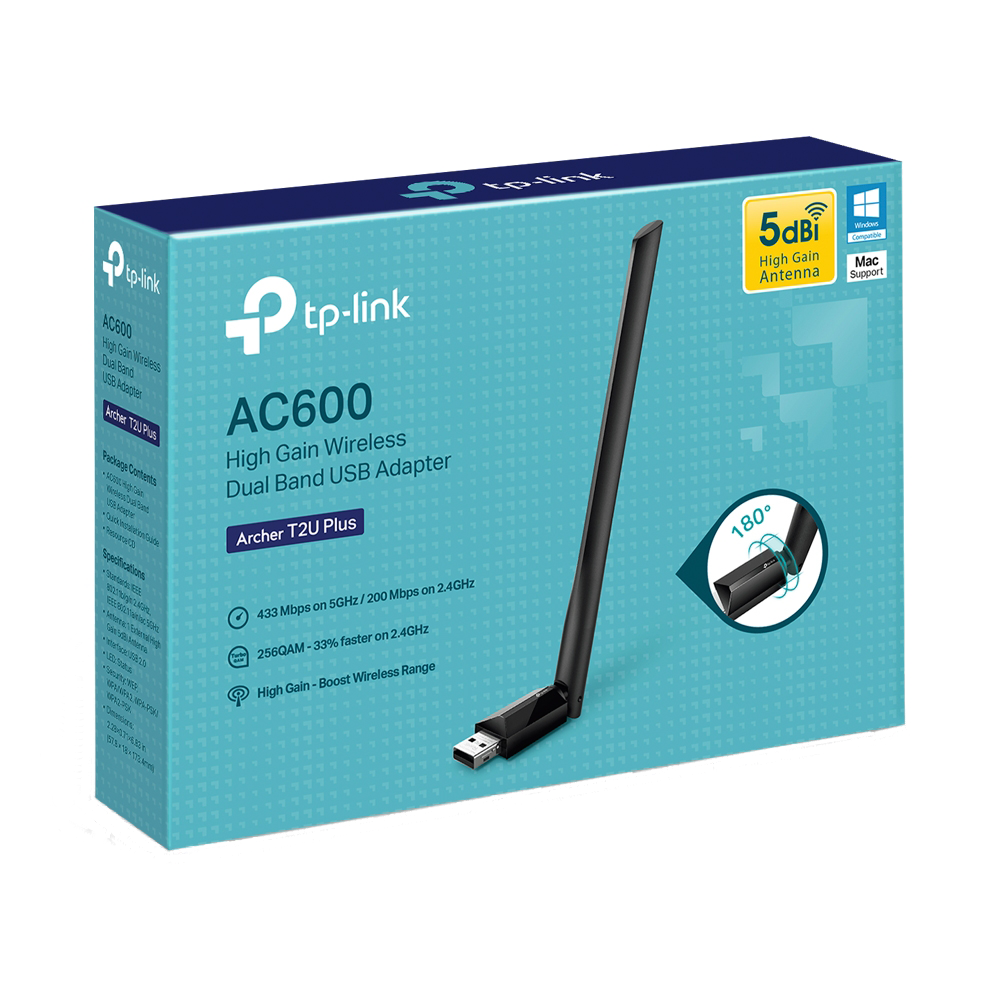 TP-Link AC600 high gain draadloze dual-band USB-adapter in een doos. Zwart en blauw ontwerp.